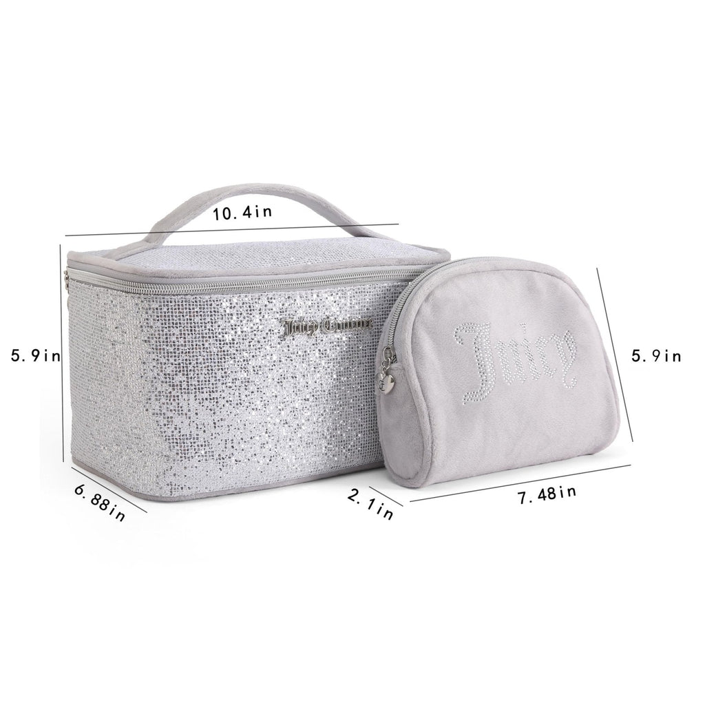 Juicy Couture Silver Sparkle Makeup Bag Set Cosmetics Organizer Travel Essentials Train Case Coin Purse Glitter Rhinestone Velour