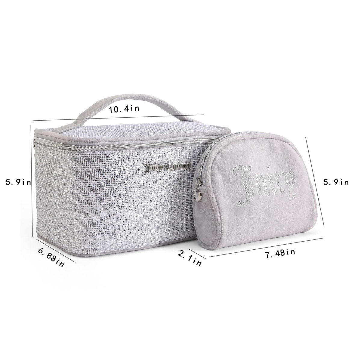 Juicy Couture Silver Sparkle Makeup Bag Set Cosmetics Organizer Travel Essentials Train Case Coin Purse Glitter Rhinestone Velour
