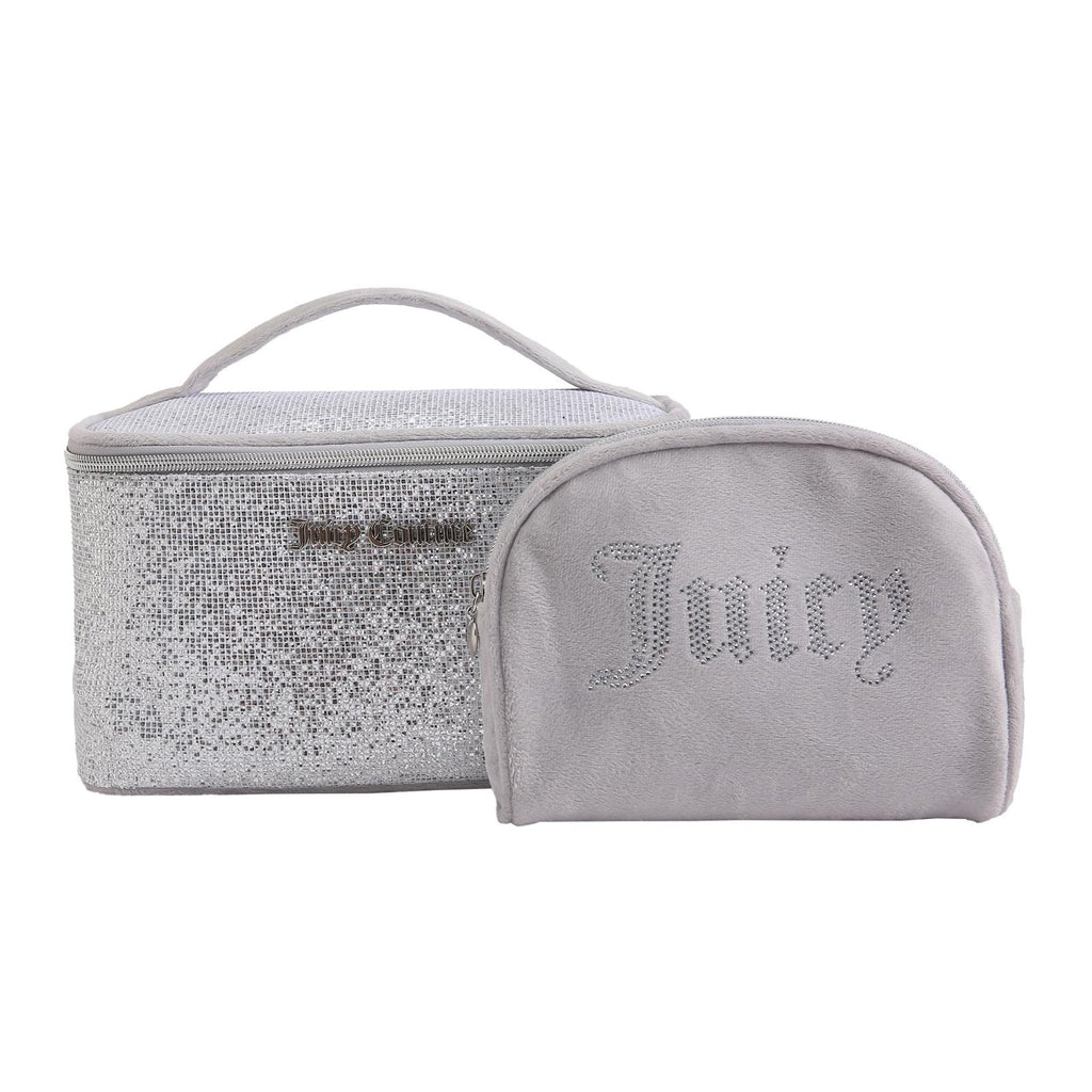 Juicy Couture Silver Sparkle Makeup Bag Set Cosmetics Organizer Travel Essentials Train Case Coin Purse Glitter Rhinestone Velour