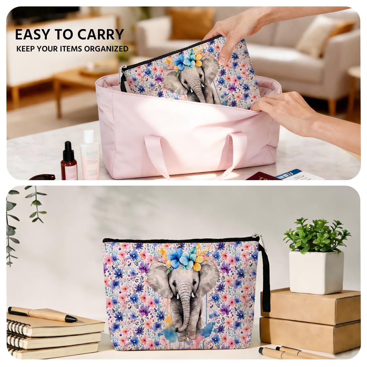 Jztco Elephant Cosmetic Bags Elephant Themed Gifts Animal Lover Gifts for Female Farm Girl BFF Best Friend Coworker Toiletry Bag Graduation Mothers Day Birthday Gift Floral Makeup Bag