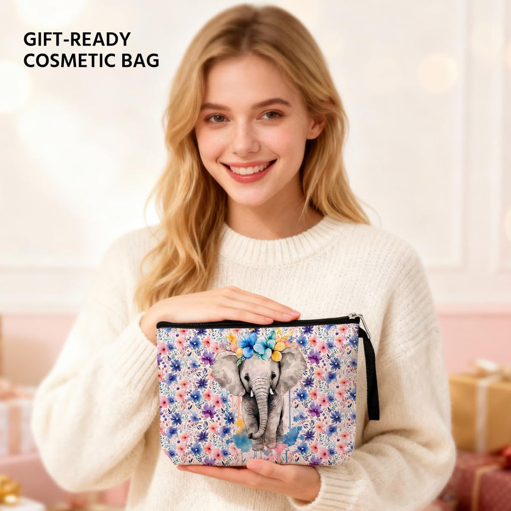 Jztco Elephant Cosmetic Bags Elephant Themed Gifts Animal Lover Gifts for Female Farm Girl BFF Best Friend Coworker Toiletry Bag Graduation Mothers Day Birthday Gift Floral Makeup Bag