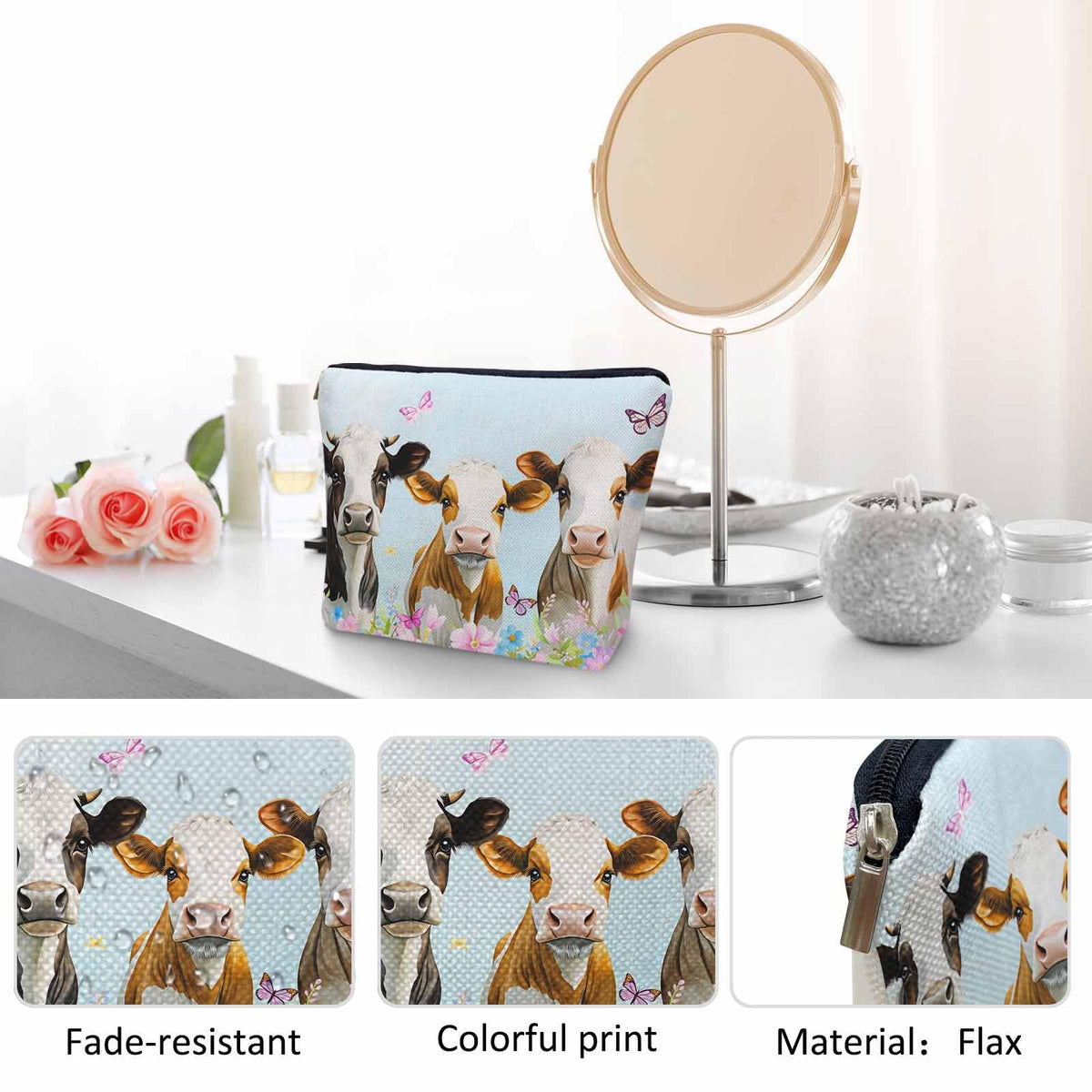 Kalygon Cow Makeup Bags Makeup Organizer, Farm Cows Cute Milk Cattle Flowers Flax Toiletry Bags Travel Cosmetic Bag Makeup Purse Pouch Skincare Bag Wallet Bags For Women Female Mom Daughter