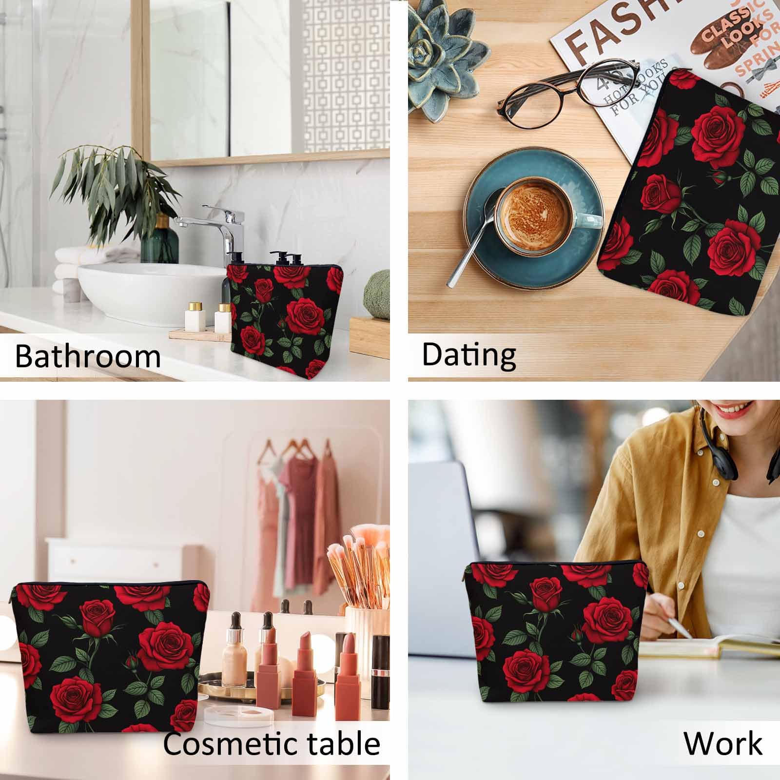 Kalygon Woman Rose Makeup Bag - Blossom Flower Roses Red Travel Cosmetic Bags Toiletry Makeup Organizer Pencil Pouch For Owners Lady Birthday Gifts