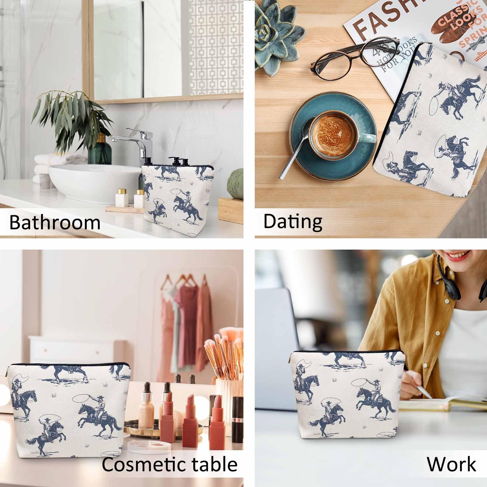 Kalygon Women Cosmetic Bag Cowboy, American Western Cowboy Horse Riders Cute Makeup Bag For Purse Cosmetic Travel Bag For Toiletries Makeup Storage Bag Flax Skincare Bag Make Up Pouch Bags