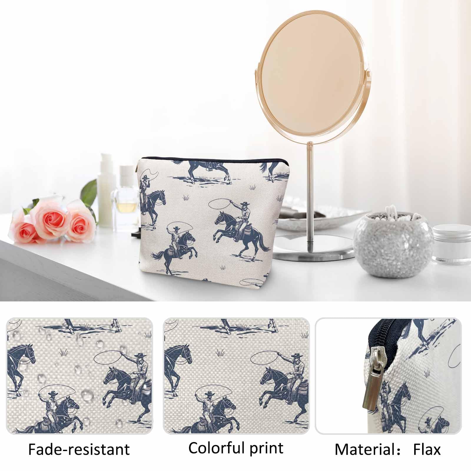 Kalygon Women Cosmetic Bag Cowboy, American Western Cowboy Horse Riders Cute Makeup Bag For Purse Cosmetic Travel Bag For Toiletries Makeup Storage Bag Flax Skincare Bag Make Up Pouch Bags