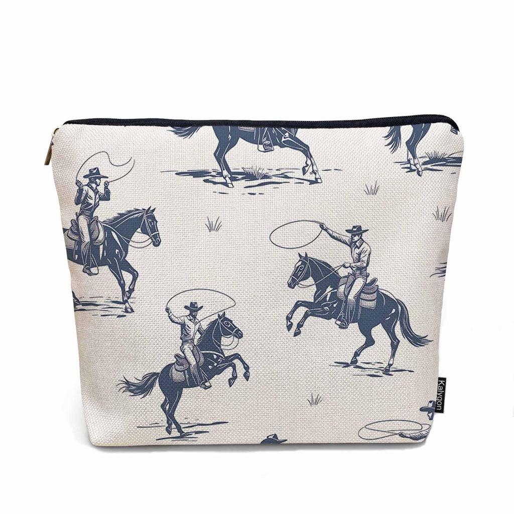 Kalygon Women Cosmetic Bag Cowboy, American Western Cowboy Horse Riders Cute Makeup Bag For Purse Cosmetic Travel Bag For Toiletries Makeup Storage Bag Flax Skincare Bag Make Up Pouch Bags