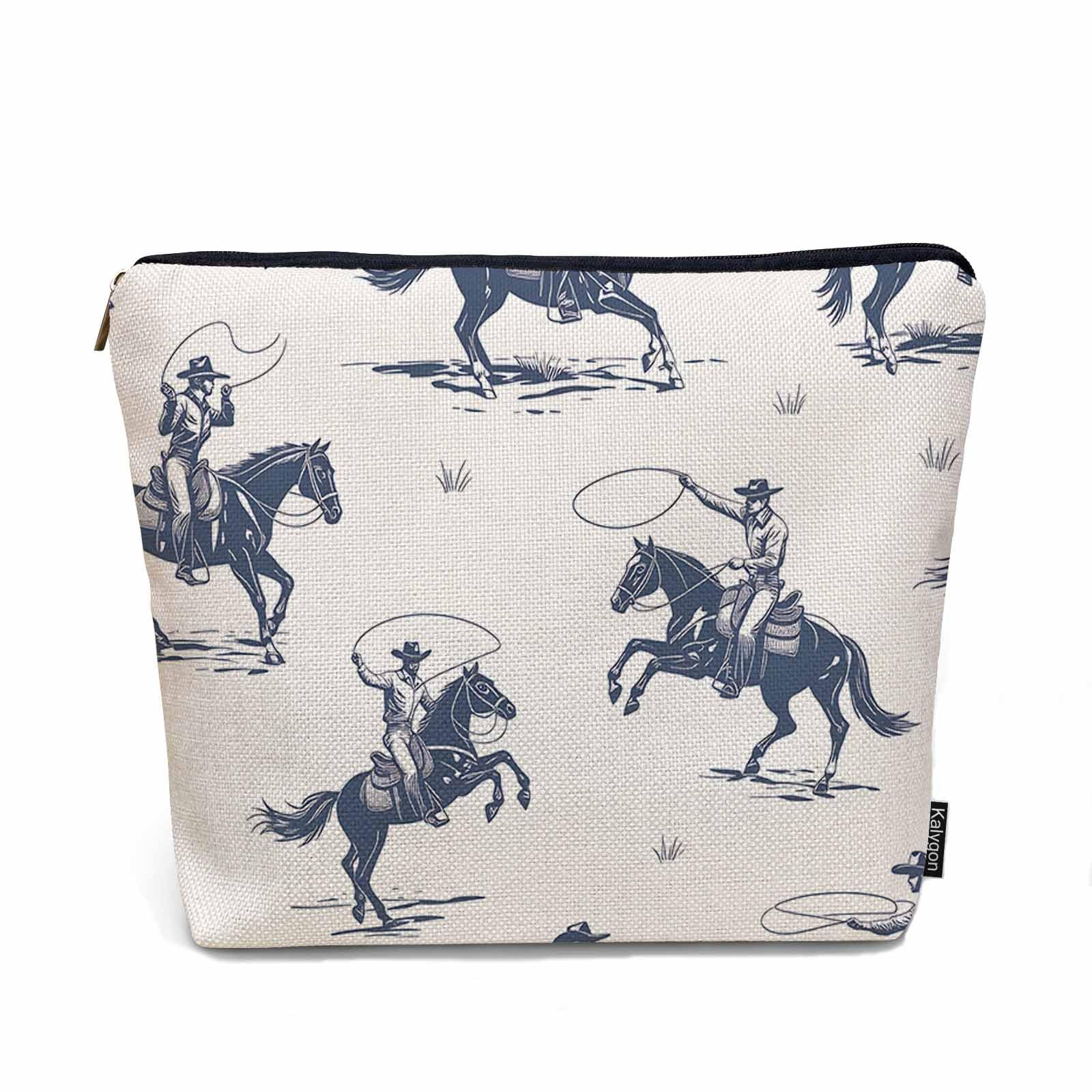 Kalygon Women Cosmetic Bag Cowboy, American Western Cowboy Horse Riders Cute Makeup Bag For Purse Cosmetic Travel Bag For Toiletries Makeup Storage Bag Flax Skincare Bag Make Up Pouch Bags