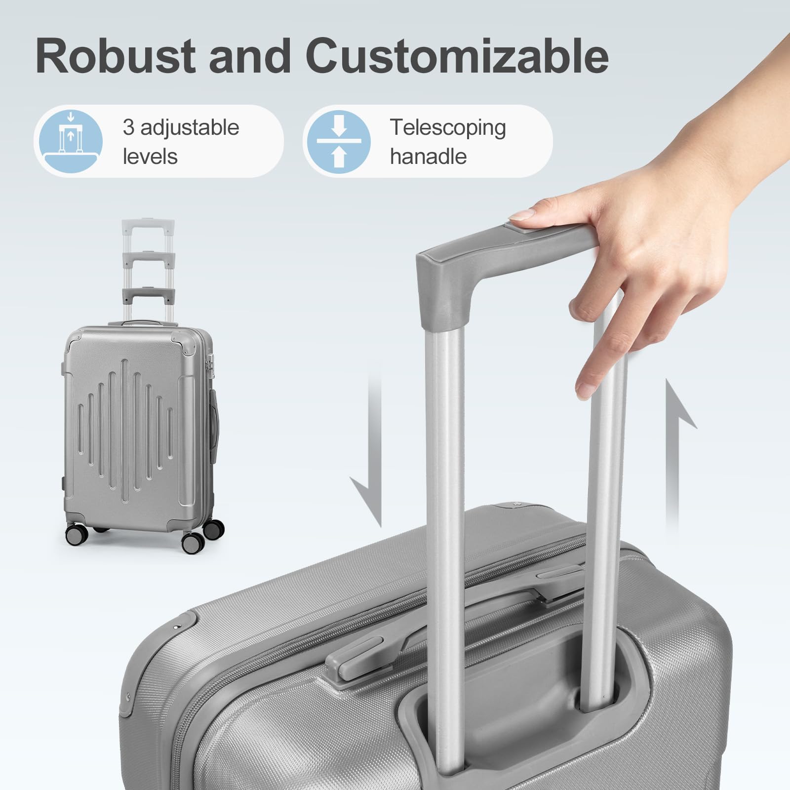 Karl home Luggage Set 3 Piece Suitcase Sets with TSA Lock Moulded Corner 4 Spinner Wheels, ABS Hardside Trolley Travel Case for Carry On Check - in Business Trip, Light Grey (20/24/28)
