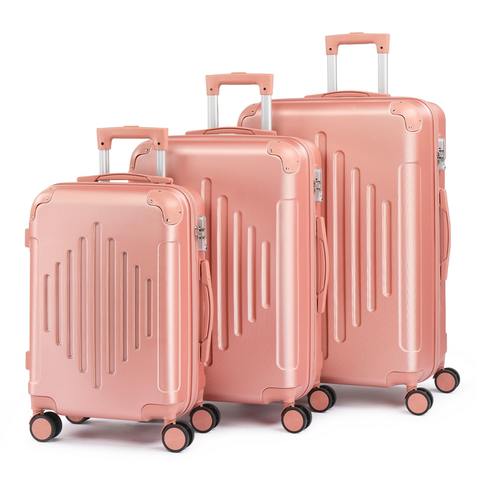 Karl home Luggage Set 3 Piece Suitcase Sets with TSA Lock Moulded Corner 4 Spinner Wheels, ABS Hardside Trolley Travel Case for Carry On Check-in Business Trip, Rose Gold (20/24/28)