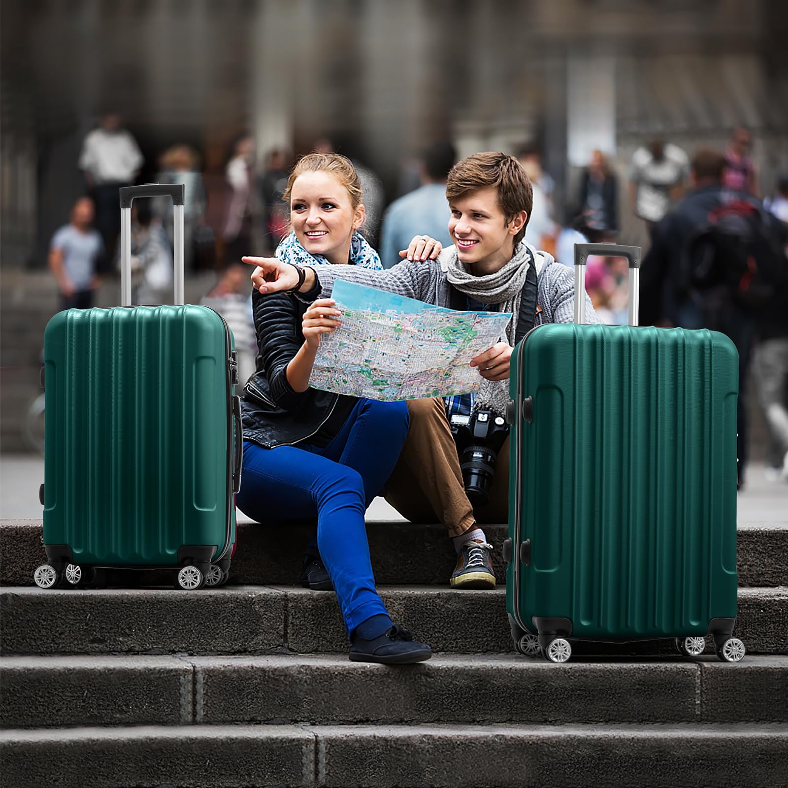 Karl home Luggage Set of 3 Hardside Carry on Suitcase Sets with Spinner Wheels & TSA lock, Portable Lightweight ABS Luggages for Travel, Business - Dark Green (20/24/28)