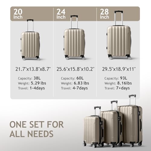 Karl home Luggage Set of 3 Hardside Suitcase Sets - Champagne (20/24/28)
