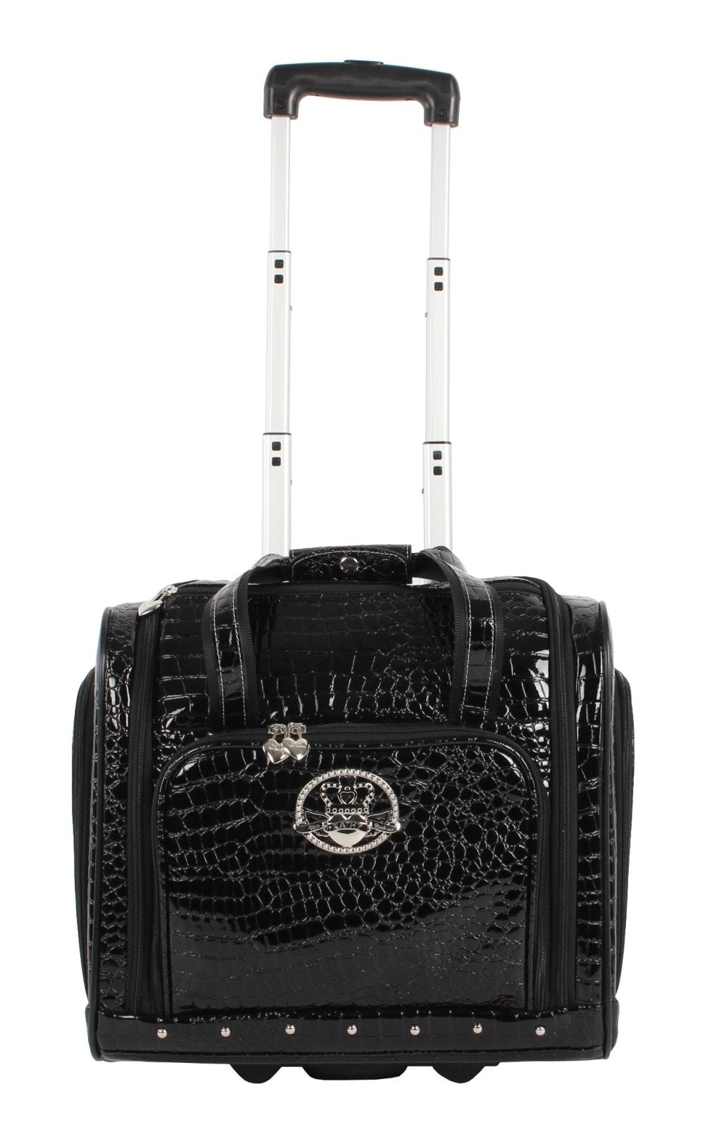 Kathy Van Zeeland Croco PVC Designer Underseat Luggage - 15 Inch Carry On Suitcase for Women- Lightweight Under Seat Bag with 2-Rolling Spinner Wheels (Black)