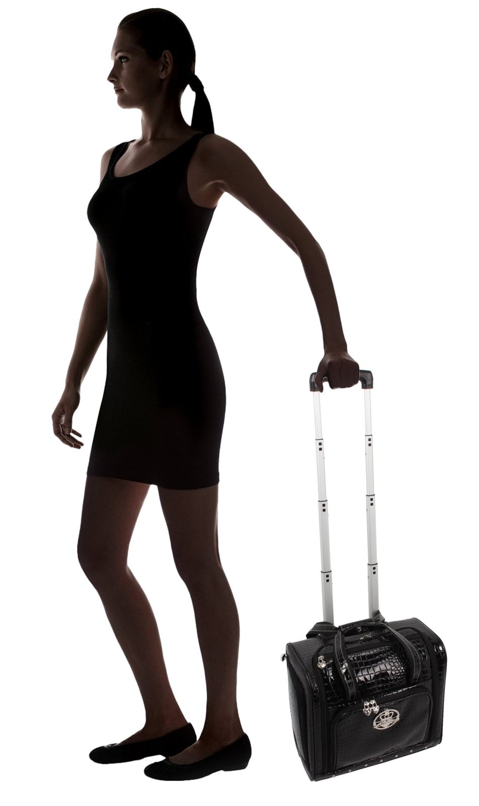 Kathy Van Zeeland Croco PVC Designer Underseat Luggage - 15 Inch Carry On Suitcase for Women - Lightweight Under Seat Bag with 2 - Rolling Spinner Wheels (Black)