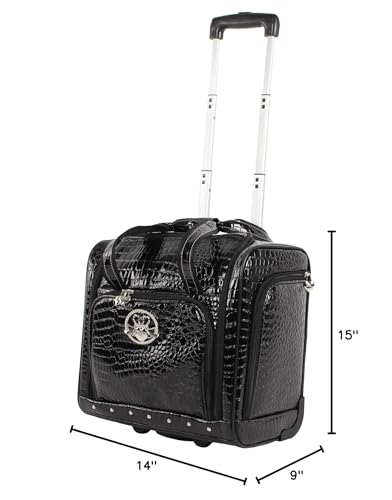 Kathy Van Zeeland Croco PVC Designer Underseat Luggage - 15 Inch Carry On Suitcase for Women - Lightweight Under Seat Bag with 2 - Rolling Spinner Wheels (Black)