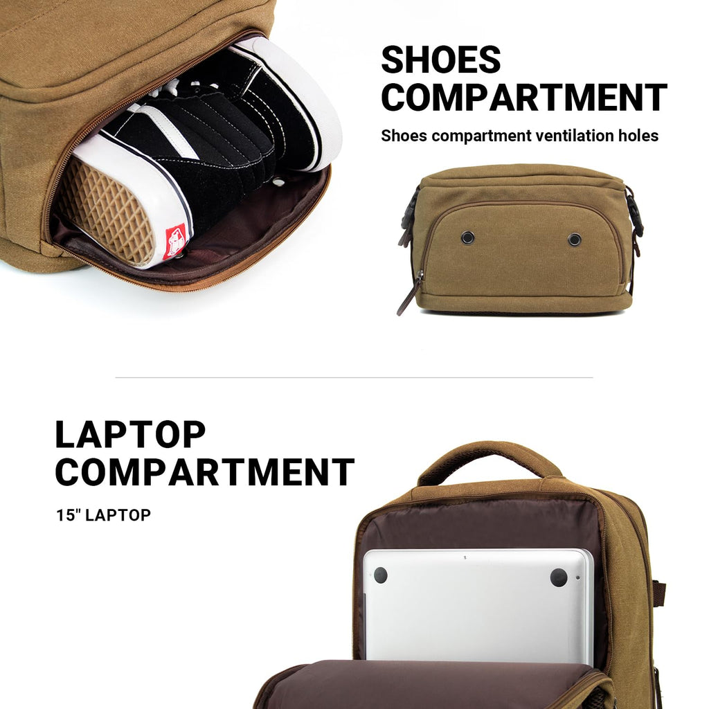KAUKKO Canvas Travel Backpack, Personal Item Airline Approved, Carry On Backpack with Multi - Pockets and Shoe Pouch, fit 15.6 inch Laptop, 40L Weekender Bag, 11 - KHAKI
