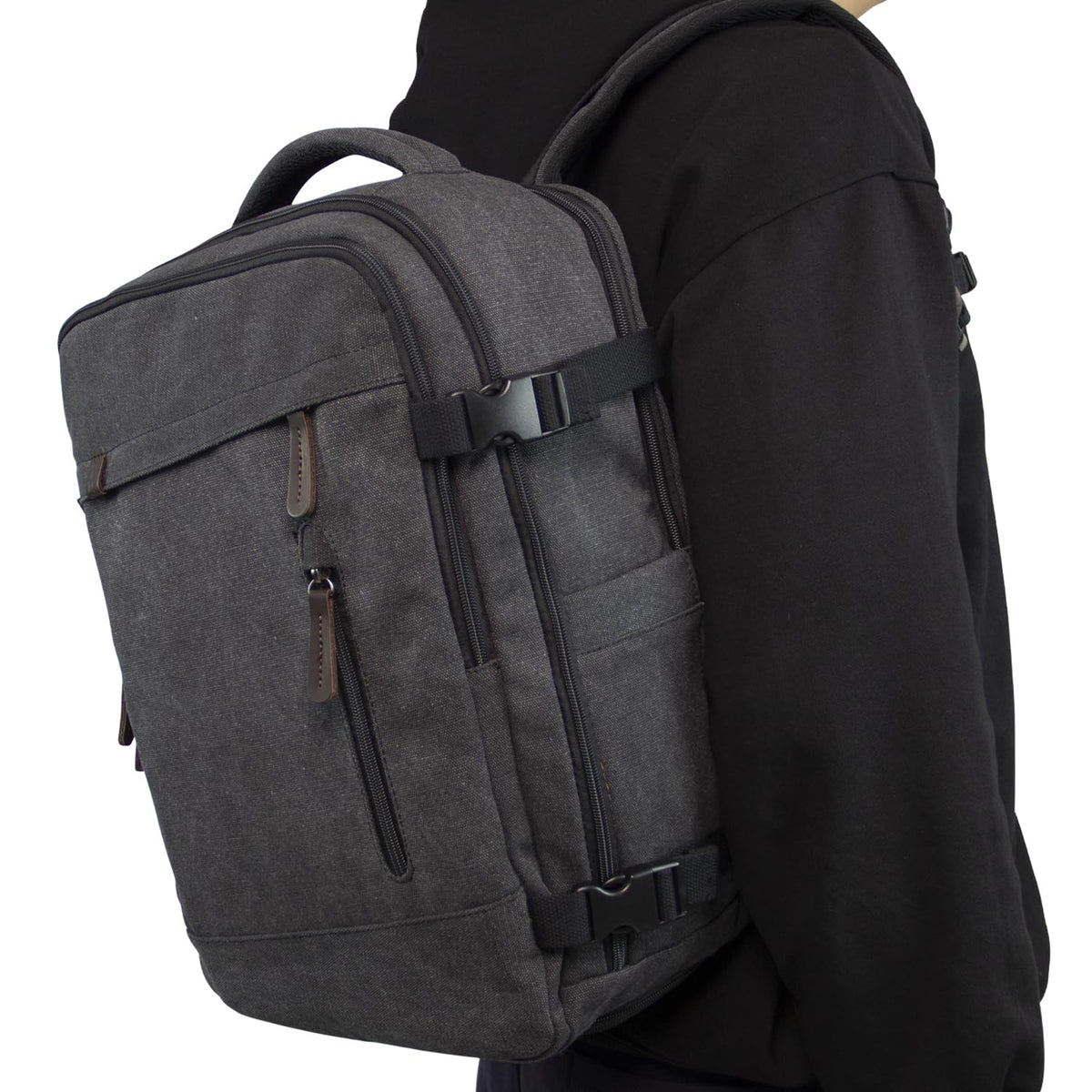 KAUKKO Thick Canvas Travel Backpack, Flight Approved Carry On Backpack with Shoe Pouch and 15.6 inch Laptop Compartment, 40L Luggage Casual Daypack Weekender Bag 10 - BLACK