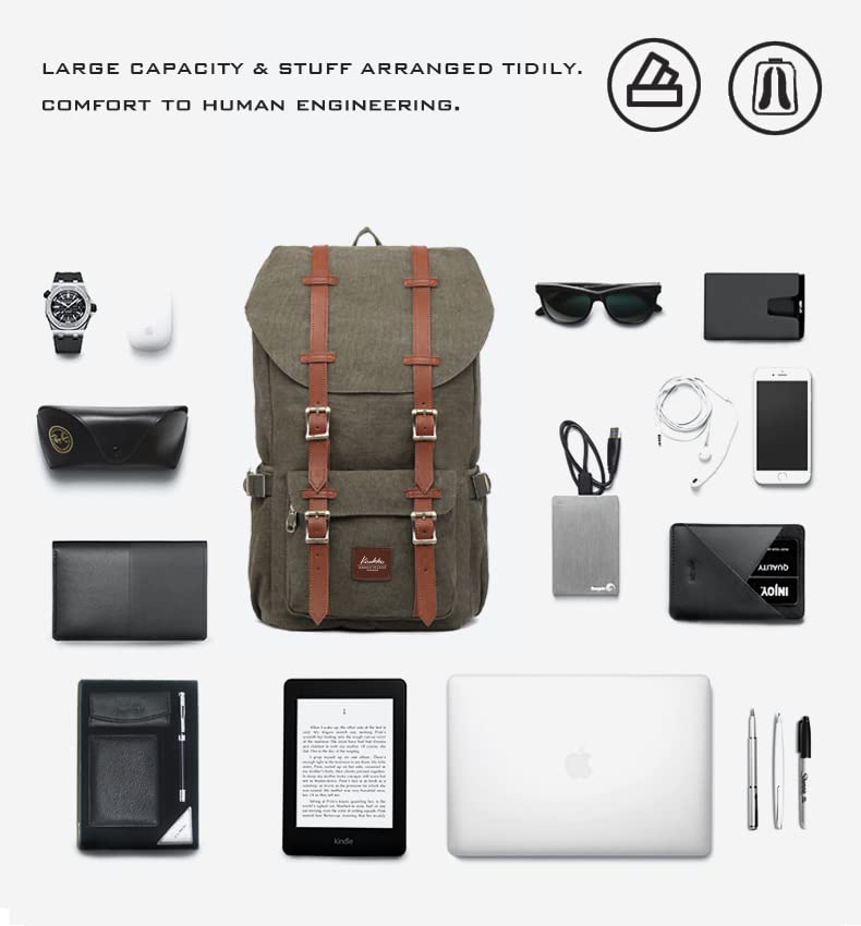KAUKKO Travel Laptop Backpack Outdoor Rucksack Causal backpack Fits 15.6"(Canvas Green)