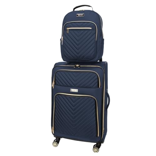 Kenneth Cole REACTION Chelsea 2-Piece Bundle - 20" Chevron Expandable 8-Wheel Carry-On Suitcase & Matching 15" Laptop Backpack, Navy