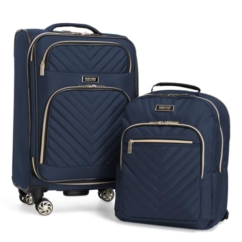 Kenneth Cole REACTION Chelsea 2-Piece Bundle - 20" Chevron Expandable 8-Wheel Carry-On Suitcase & Matching 15" Laptop Backpack, Navy
