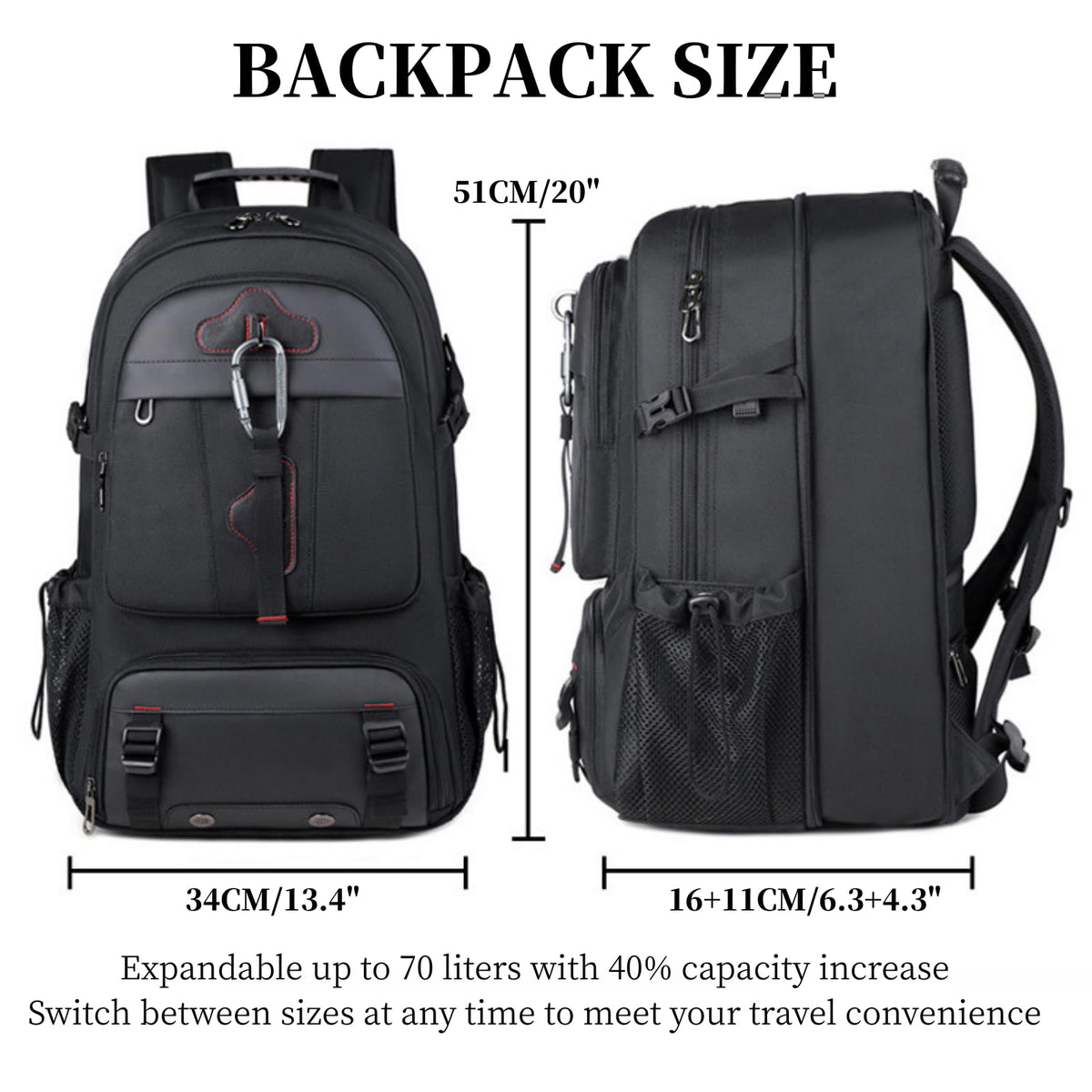 KEQIKAI Travel Backpack 50L, 17 Inch Laptop Backpack for Men Women, Large Waterproof Carry On Backpack, TSA Friendly Flight Approved Anti - Theft Backpack with USB Interface & Shoe Compartment, Black