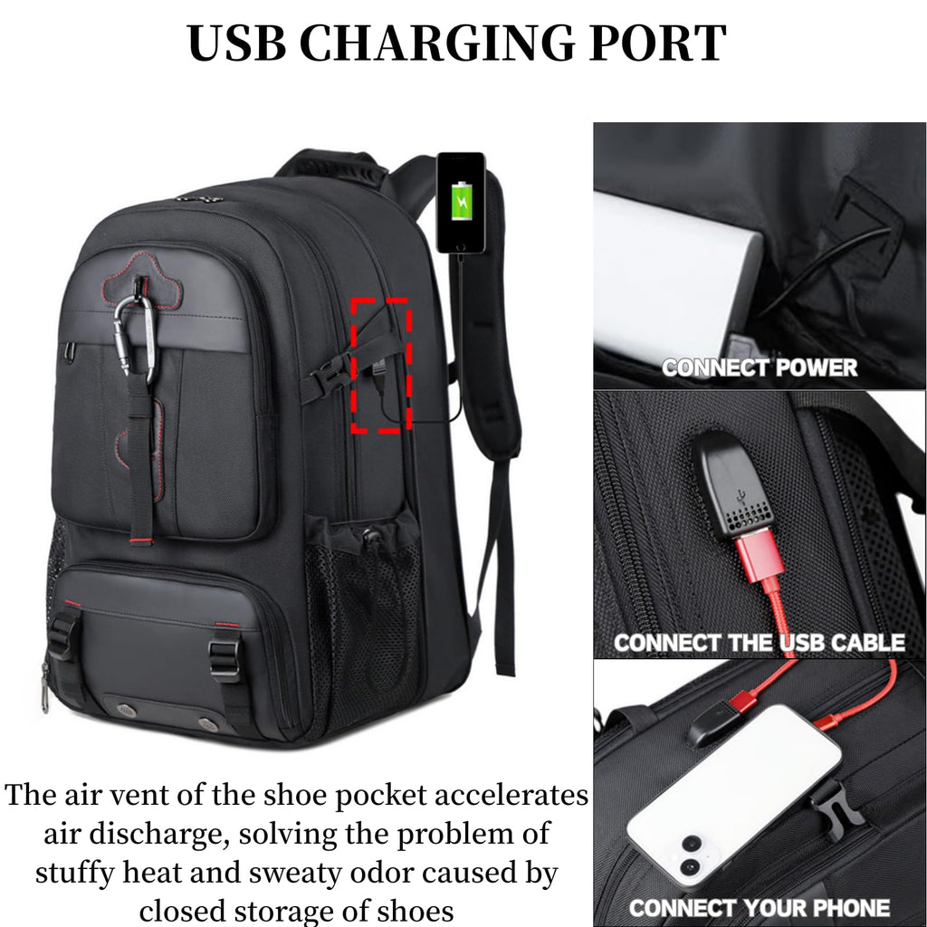 KEQIKAI Travel Backpack 50L, 17 Inch Laptop Backpack for Men Women, Large Waterproof Carry On Backpack, TSA Friendly Flight Approved Anti - Theft Backpack with USB Interface & Shoe Compartment, Black