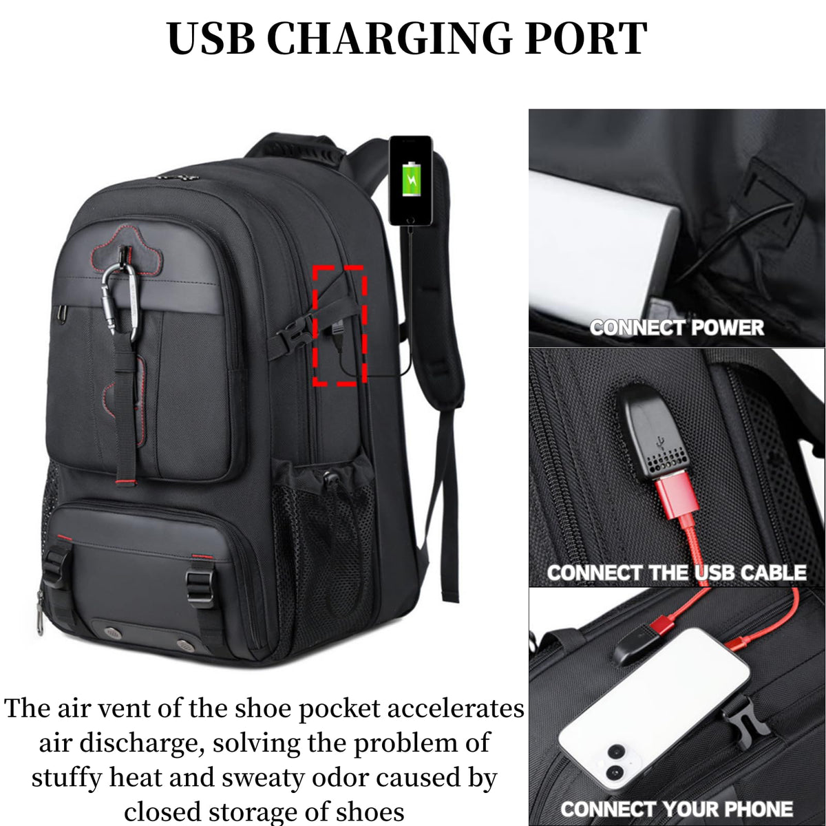 KEQIKAI Travel Backpack 50L, 17 Inch Laptop Backpack for Men Women, Large Waterproof Carry On Backpack, TSA Friendly Flight Approved Anti - Theft Backpack with USB Interface & Shoe Compartment, Black