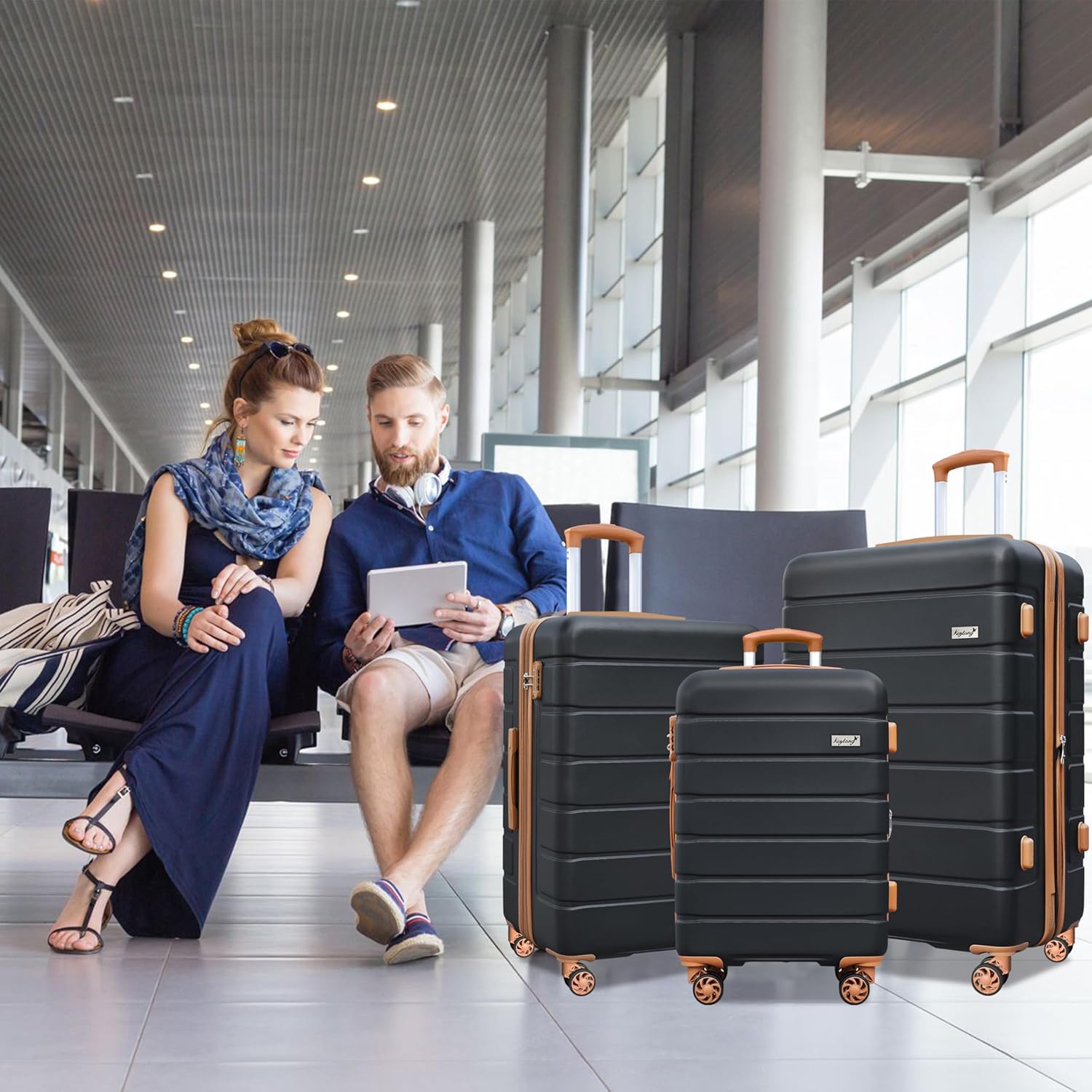 KEYTANG 3 - Piece Hardshell Luggage Set, Lightweight Expandable Suitcase with TSA Lock and Double Spinner Wheels, 20% Expansion for Extra Packing, Carry - On and Checked Bags, Apricot Black