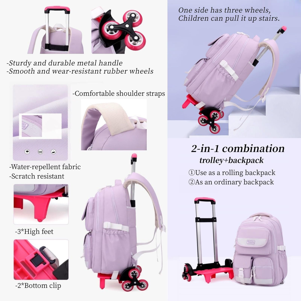Kids Rolling Backpack for Girls, Boys Roller Backpack with Wheels, Solid - color Trolley Bags Wheeled School Bookbag on 6 Wheels - Brown