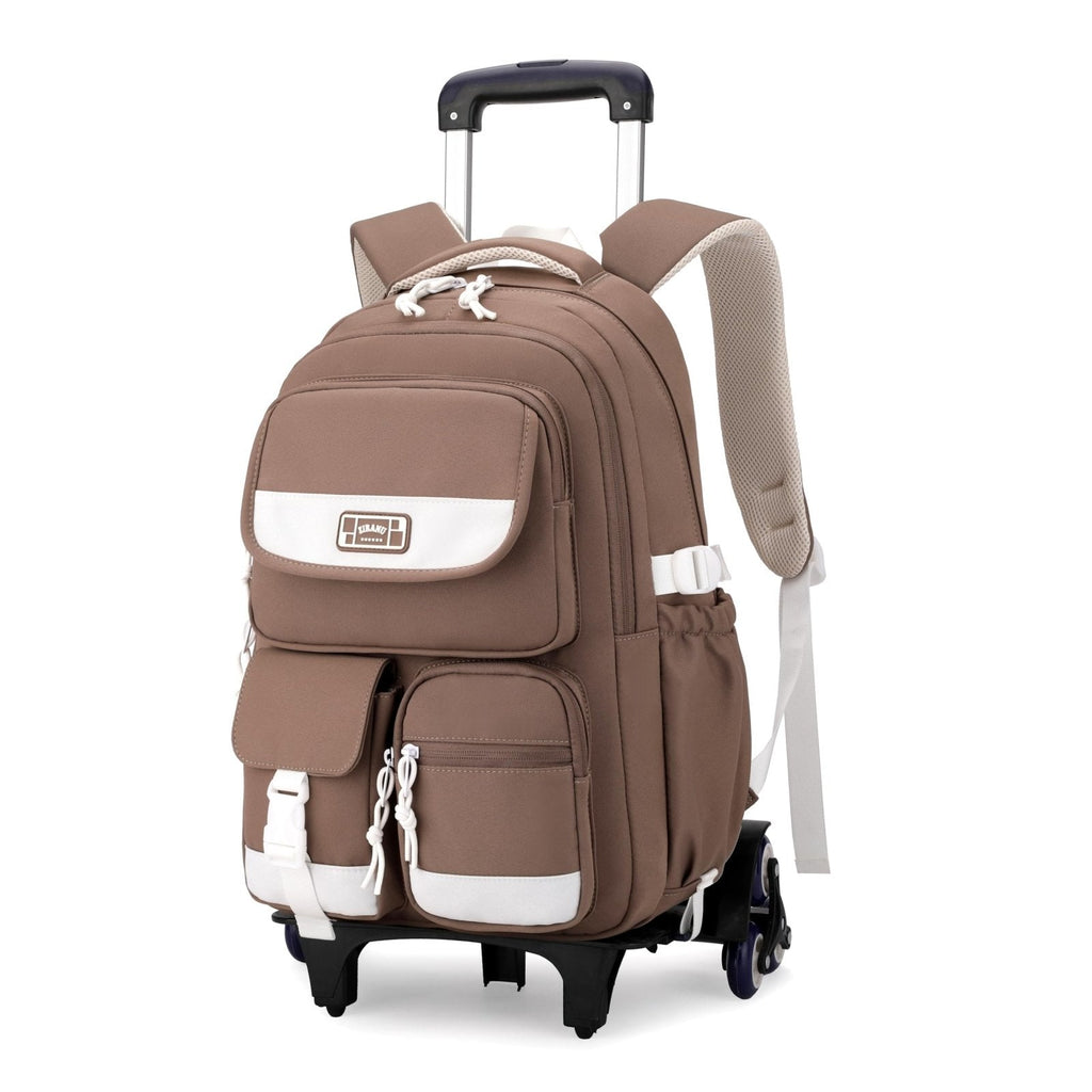 Kids Rolling Backpack for Girls, Boys Roller Backpack with Wheels, Solid-color Trolley Bags Wheeled School Bookbag on 6 Wheels - Brown