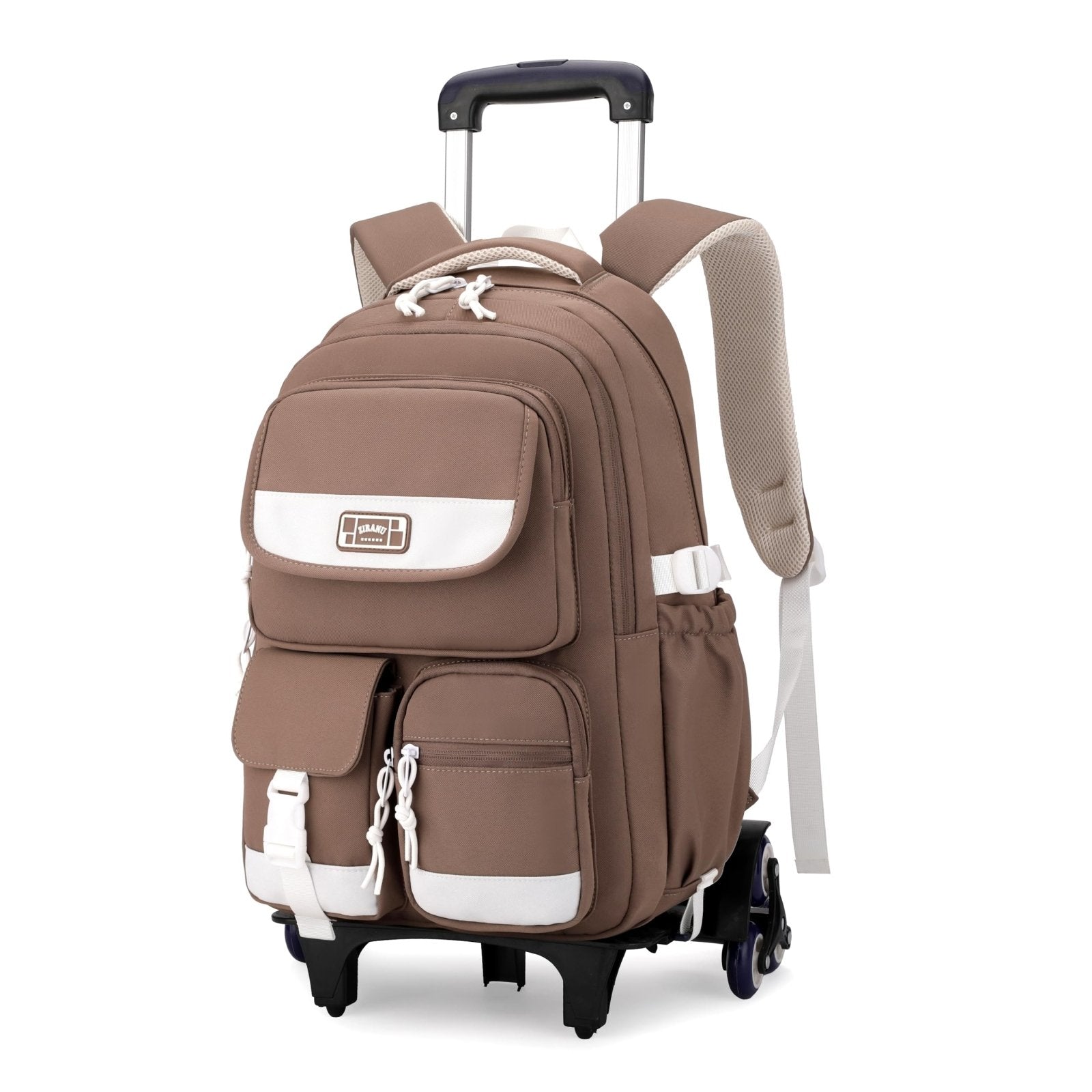 Kids Rolling Backpack for Girls, Boys Roller Backpack with Wheels, Solid-color Trolley Bags Wheeled School Bookbag on 6 Wheels - Brown