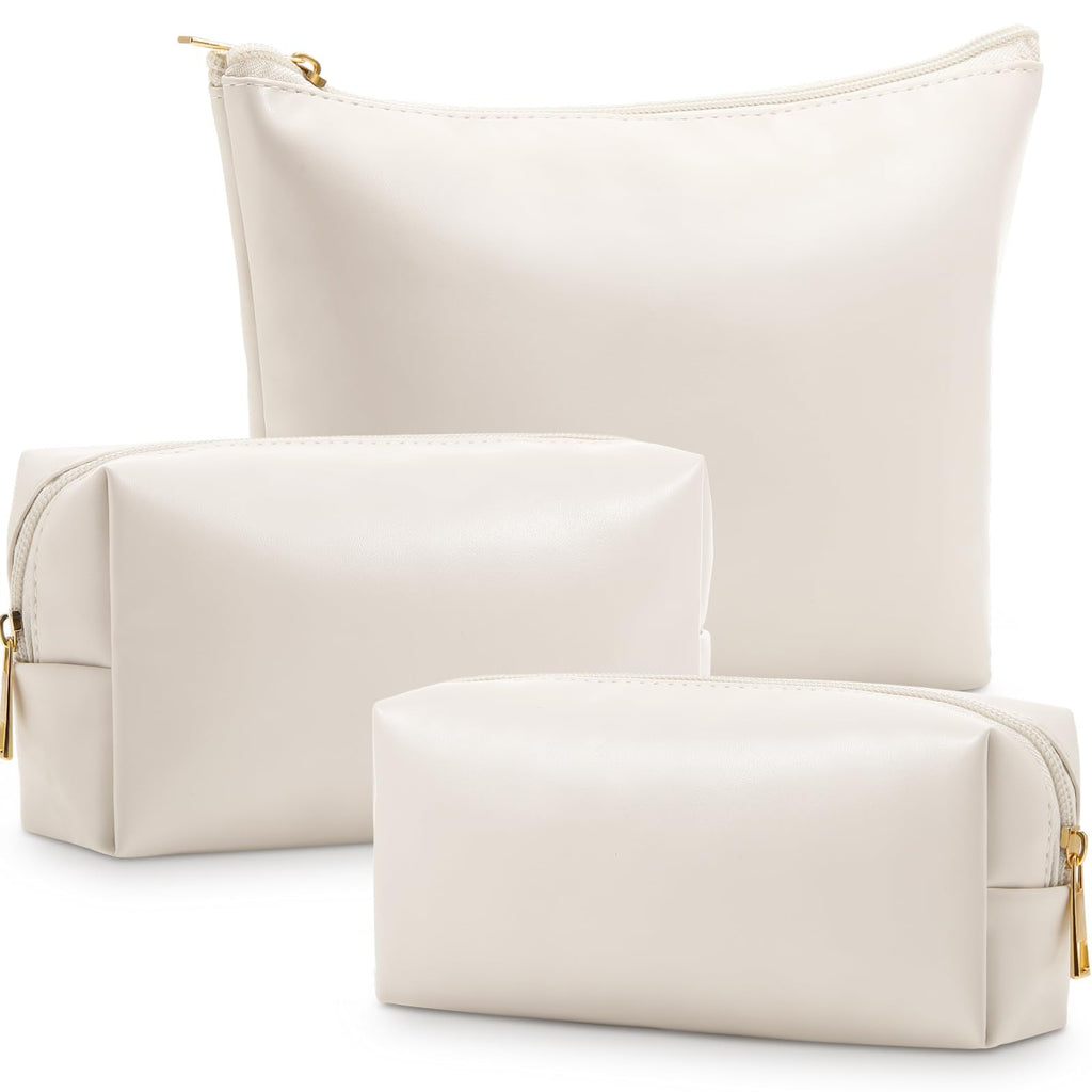 Kigeli 3 Piece Leather Makeup Bag Set Mothers Day Women Gifts PU Leather Bridesmaid Makeup Toiletry Bag Cosmetic Pouch Small Aesthetic Travel Purse for Bridesmaid Wedding Birthday Gifts(Beige)