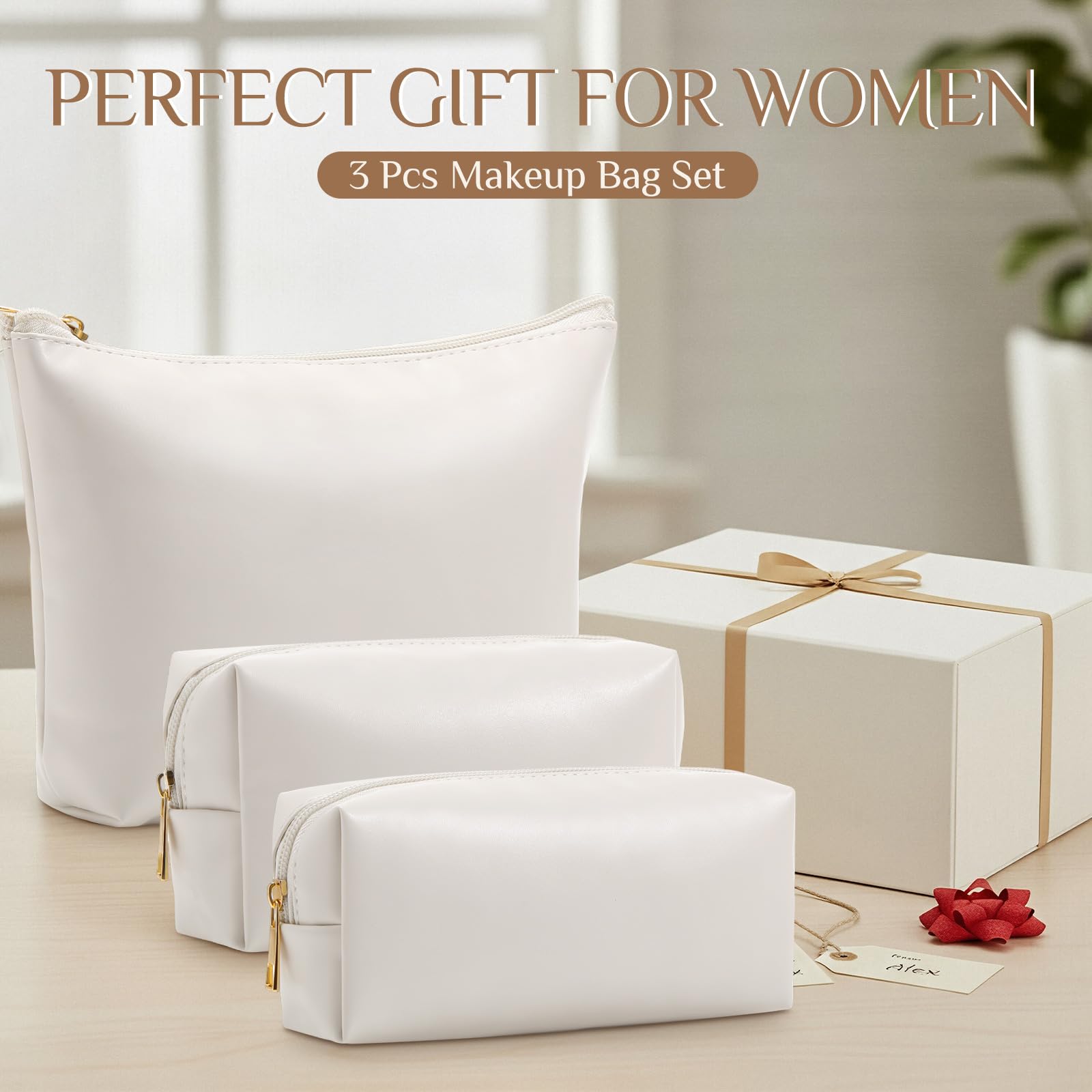 Kigeli 3 Piece Leather Makeup Bag Set Mothers Day Women Gifts PU Leather Bridesmaid Makeup Toiletry Bag Cosmetic Pouch Small Aesthetic Travel Purse for Bridesmaid Wedding Birthday Gifts(Beige)