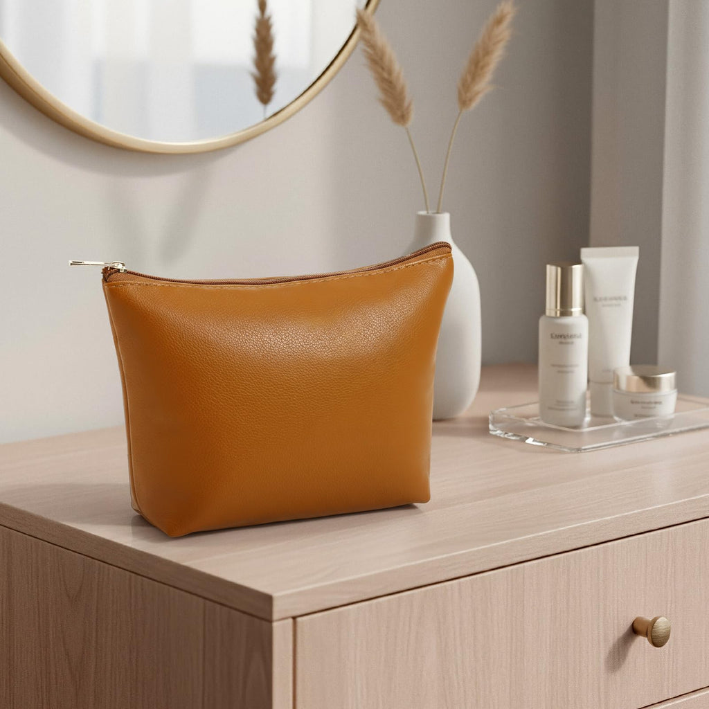 Kigeli PU Leather Makeup Bag for Women Gift Cosmetic Pouch for Purse Waterproof with PU Leather Travel Toiletry Organizer with Zipper for Women Bridesmaid Friend Gift(Brown)