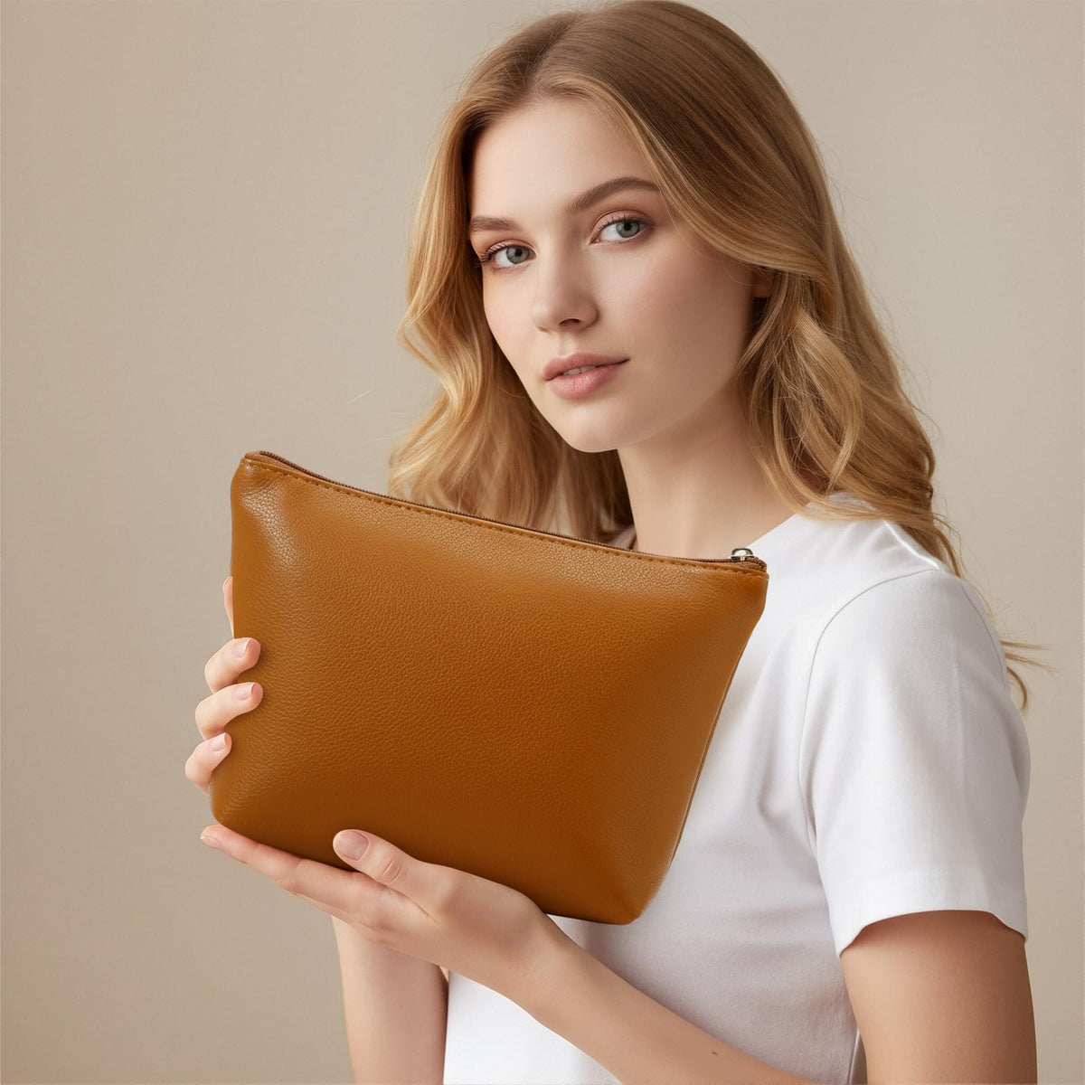 Kigeli PU Leather Makeup Bag for Women Gift Cosmetic Pouch for Purse Waterproof with PU Leather Travel Toiletry Organizer with Zipper for Women Bridesmaid Friend Gift(Brown)