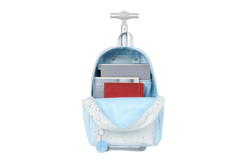 kingdisen Cute travelers club blue Rolling Backpack for women with wheels Rolling cart (HEY BLUE)