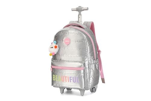 kingdisen Rolling Backpack, 17 inch Water Resistant Wheeled Laptop Backpack, Overnight College Computer Bag Trolley Suitcase for Men Women Adults to Travel(BEAUTIFUL SILVER)