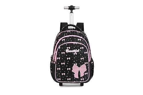 kingdisen Women Large Rolling travel Backpack for kids, Wheeled Backpack with Adjustable Shoulder Straps, Nylon Book Bag 3pc Set (BOWKNOT BLACK)
