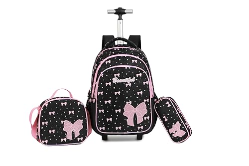 kingdisen Women Large Rolling travel Backpack for kids, Wheeled Backpack with Adjustable Shoulder Straps, Nylon Book Bag 3pc Set (BOWKNOT BLACK)