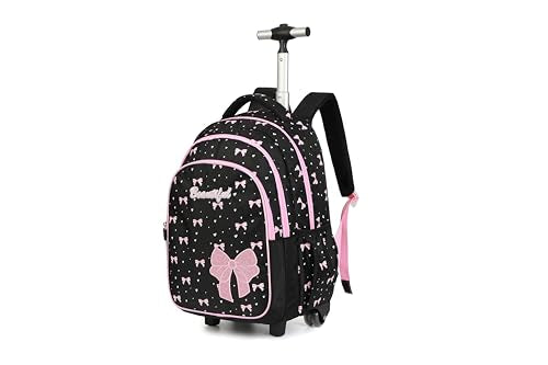 kingdisen Women Large Rolling travel Backpack for kids, Wheeled Backpack with Adjustable Shoulder Straps, Nylon Book Bag 3pc Set (BOWKNOT BLACK)