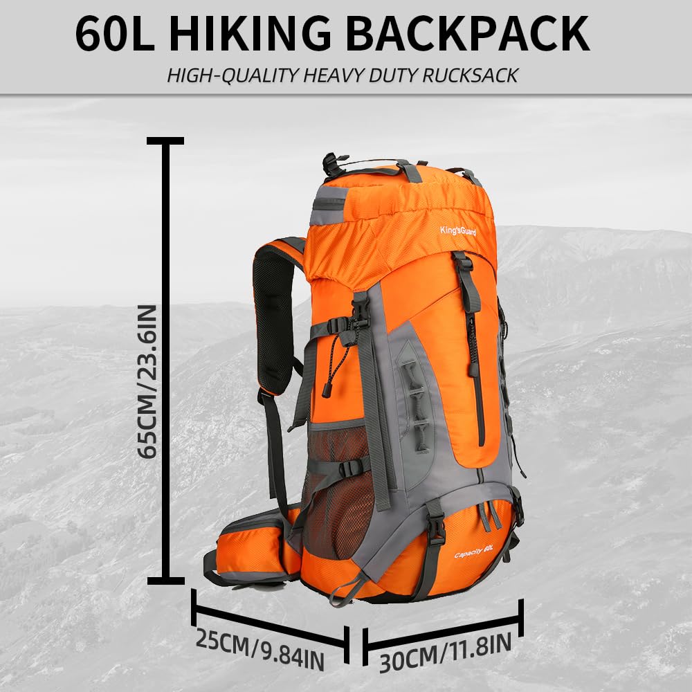 King'sGuard 60L Hiking Backpack for Men and Women Lightweight Camping Hiking Backpack with Rain Cover Large Waterproof Travel Backpack Backpacking Pack (Orange)