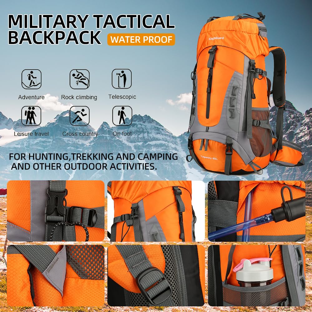 King'sGuard 60L Hiking Backpack for Men and Women Lightweight Camping Hiking Backpack with Rain Cover Large Waterproof Travel Backpack Backpacking Pack (Orange)