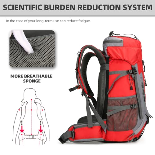 King'sGuard 60L Hiking Backpack for Men and Women Lightweight Camping Hiking Backpack with Rain Cover Large Waterproof Travel Backpack Backpacking Pack (Red)