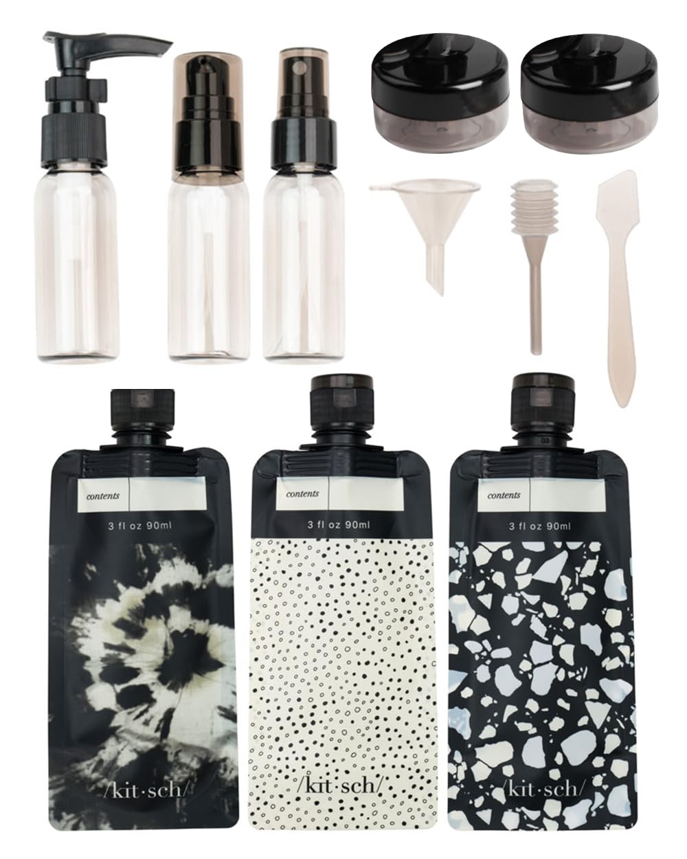 Kitsch 11 PCS Travel Bottles for Toiletries – Travel Essentials Kit for Shampoo, Conditioner, Lotion & More - TSA Approved Travel Bottles, Leak - Proof Refillable Travel Size Containers - Black & Ivory
