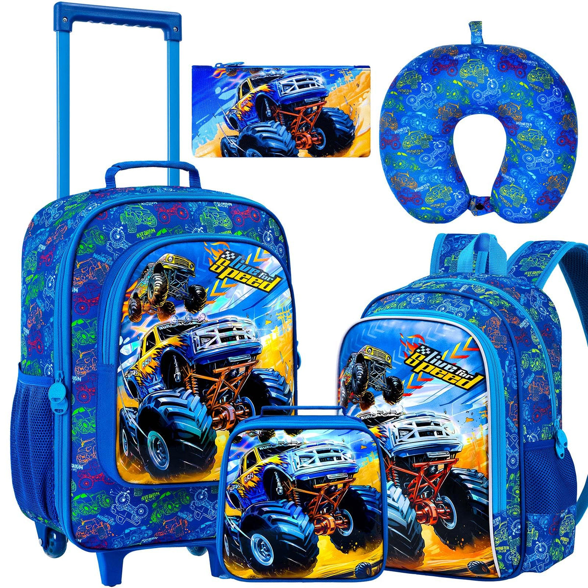KLFVB 5PCS Kids Luggage Set for Boys, Cute Truck Rolling Wheels Suitcase for Toddler, Children Travel Carry-On Suitcase