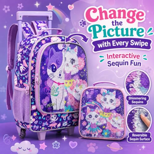 KLFVB Kids Rolling Backpack for Girls, Roller Wheels School Bag with Lunch Bag, Wheeled Sequins School Bookbag for Children - Cat