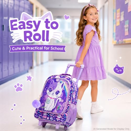 KLFVB Kids Rolling Backpack for Girls, Roller Wheels School Bag with Lunch Bag, Wheeled Sequins School Bookbag for Children - Cat