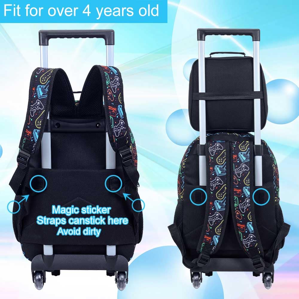KLFVB Rolling Backpack for Boys, 3PCS Kids Roller Bookbag with Lunch Bag, Wheeled School Bag for Children - Game Console