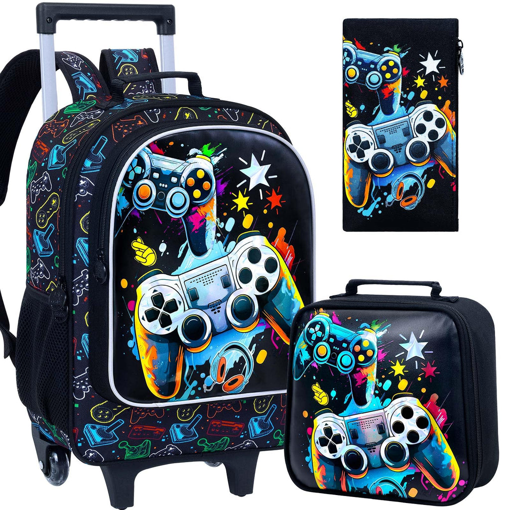 KLFVB Rolling Backpack for Boys, 3PCS Kids Roller Bookbag with Lunch Bag, Wheeled School Bag for Children - Game Console