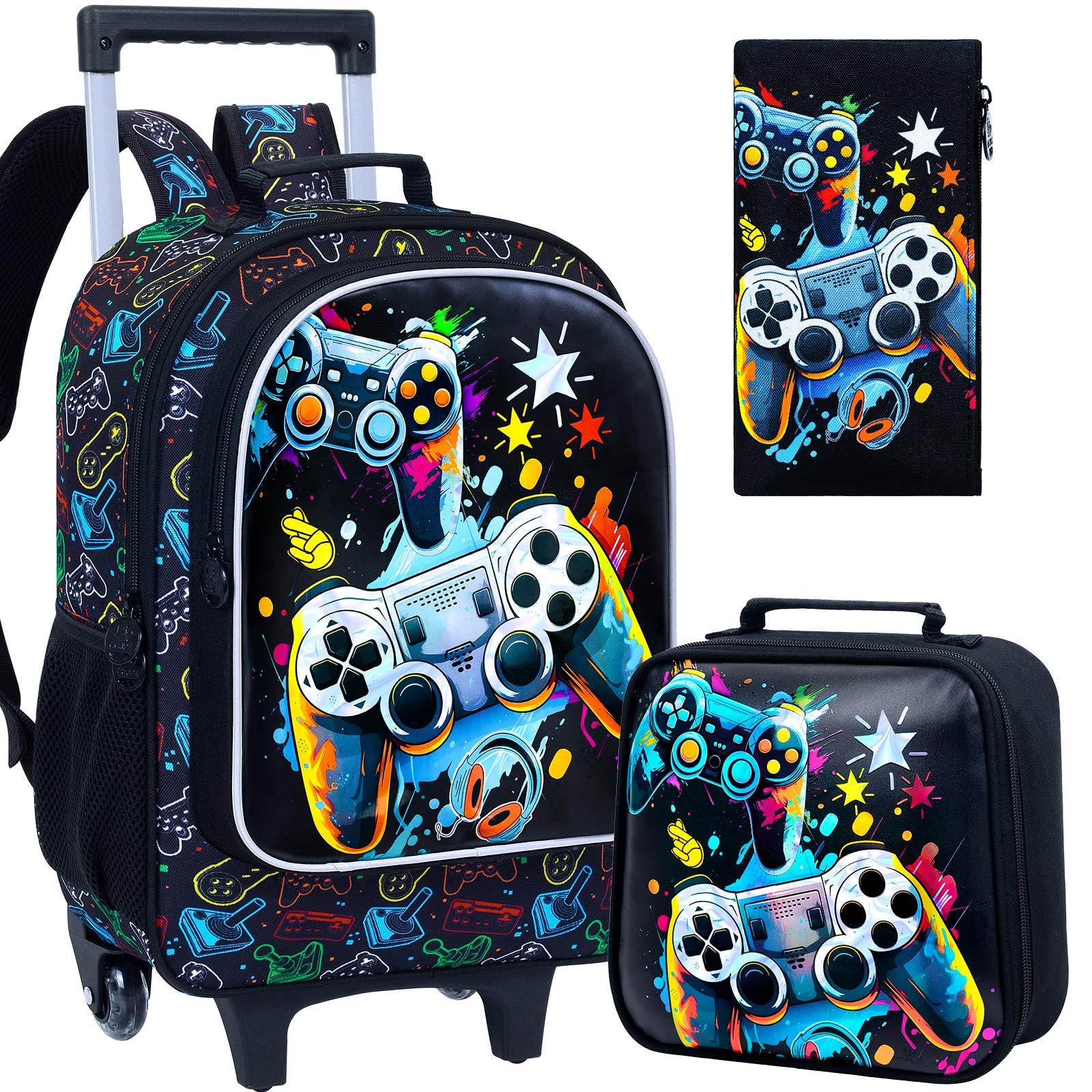 KLFVB Rolling Backpack for Boys, 3PCS Kids Roller Bookbag with Lunch Bag, Wheeled School Bag for Children - Game Console