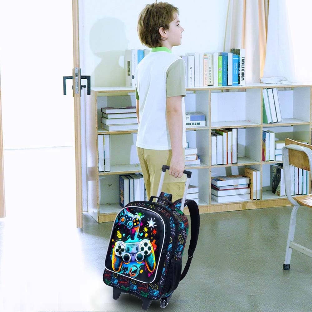 KLFVB Rolling Backpack for Boys, 3PCS Kids Roller Bookbag with Lunch Bag, Wheeled School Bag for Children - Game Console